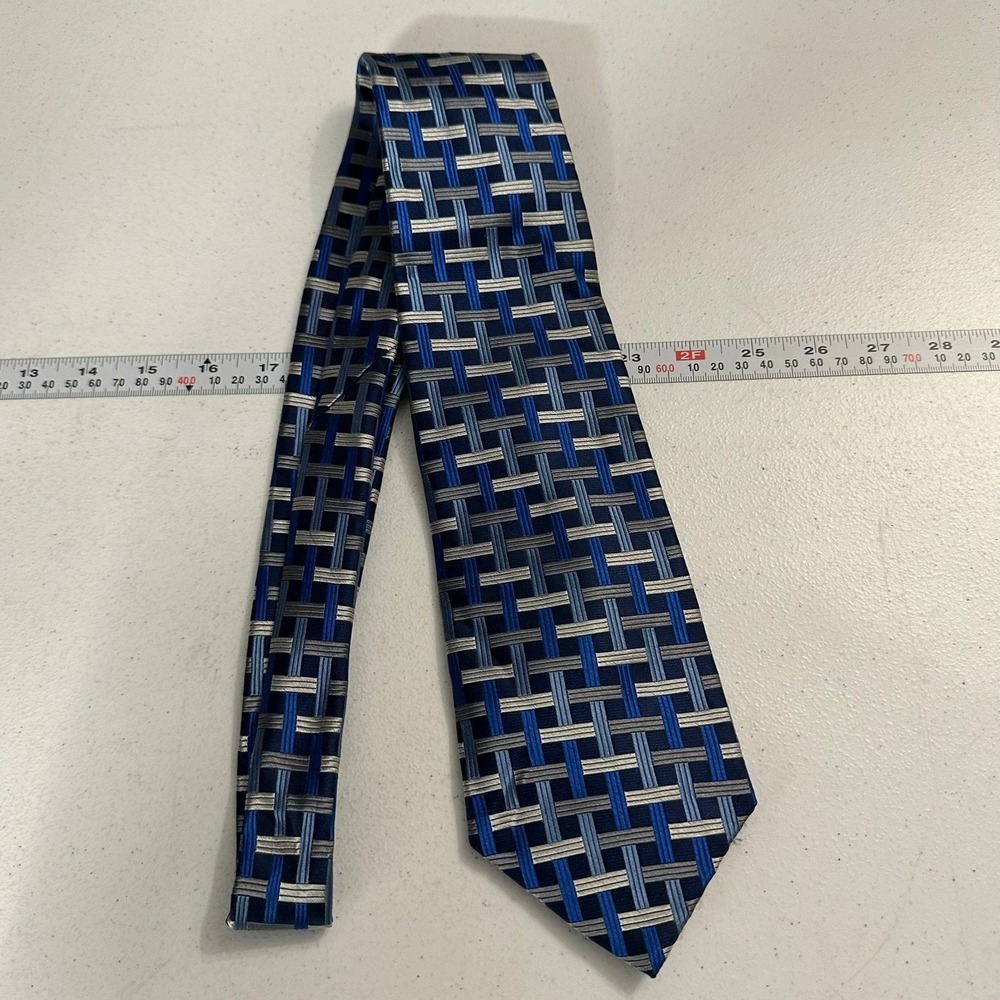 Joseph & Feiss Mens Tie Blue Silver Geometric Basketweave 100% Silk Necktie
